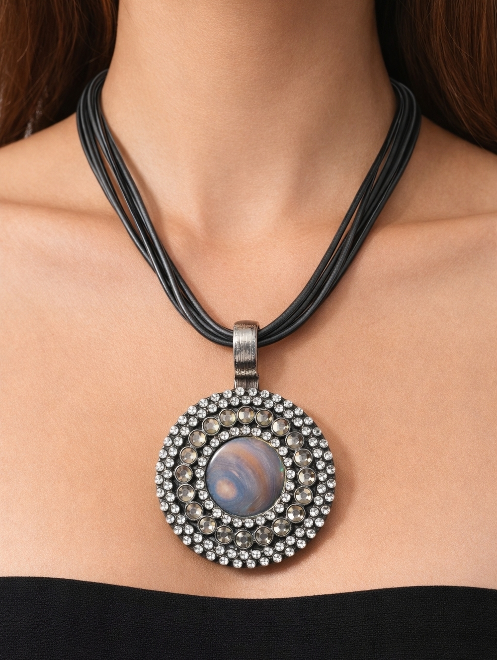 Boho Multistrand Black Necklace with Round Agate Pendant